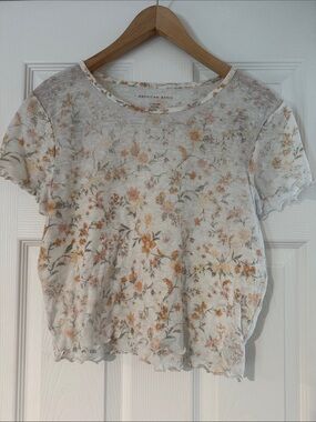 American Eagle Outfitters White Floral Short Sleeve Ruffle-Hem Top